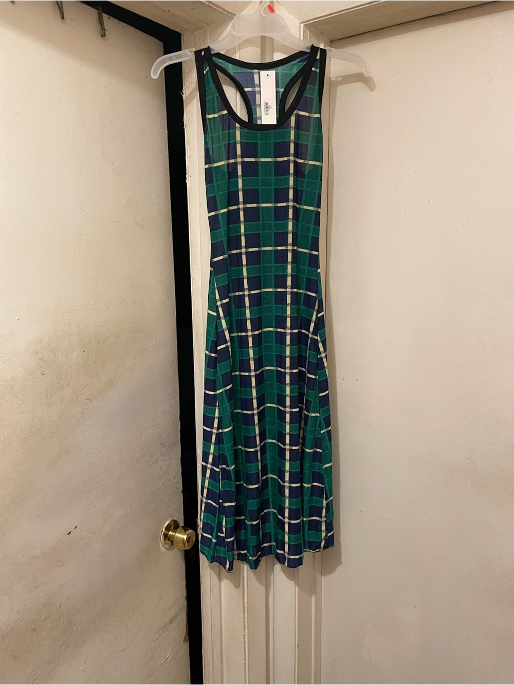Women’s Green Blue White Plaid A-Line Scoop Neck Midi Dress Size M